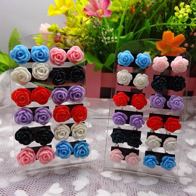 12 pairs of cards installed factory price cute simple Korean version resin plastic rose drop oil earrings earrings