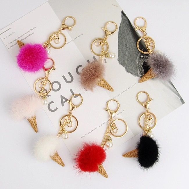 Mink hair ice cream cylinder pendant, hairball mobile phone accessory, car key case pendant
