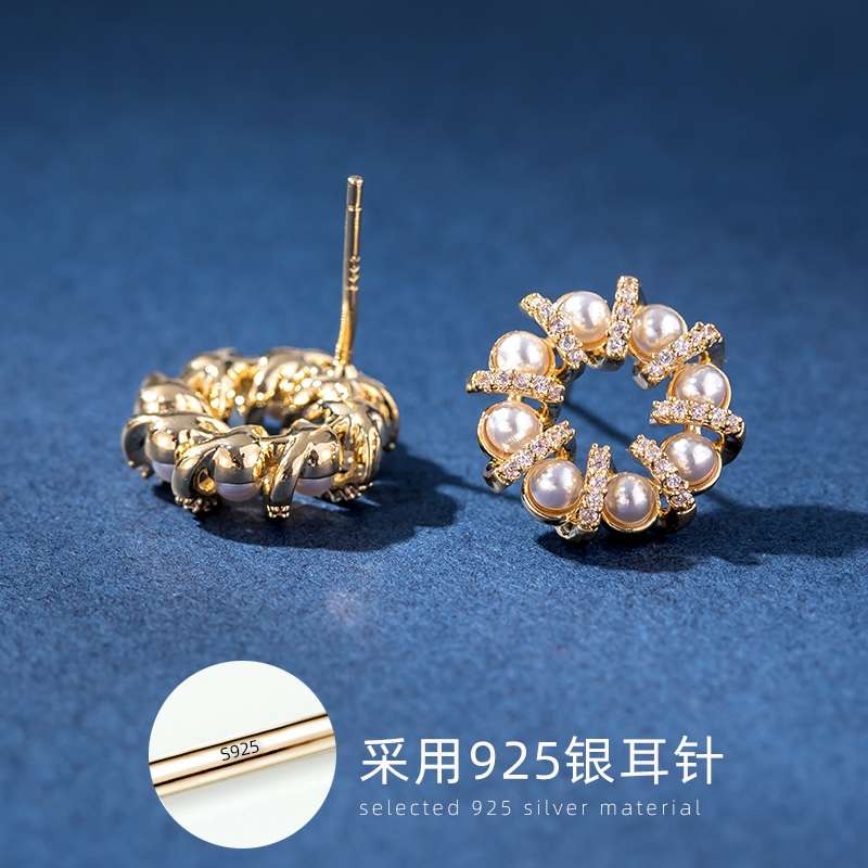 韩国东大门s925银针微镶锆石闪闪气质珍珠圆环简约日常百搭女耳钉细节图