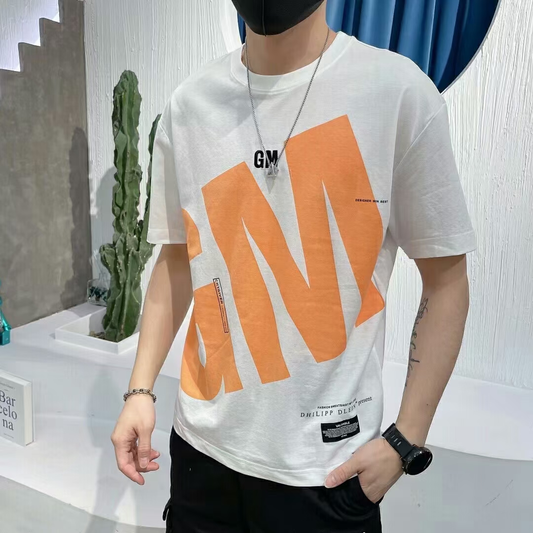 夏季新款男士印花短袖T恤韩版潮流宽松百搭休闲圆领黑色半袖体恤