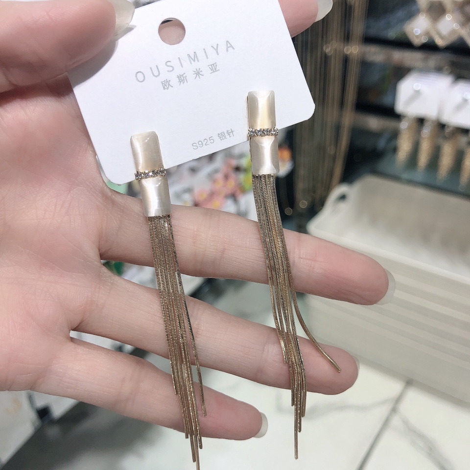 玉姿澜气质猫眼石耳环超仙网红耳坠长款流苏耳钉女纯银针秀气耳饰