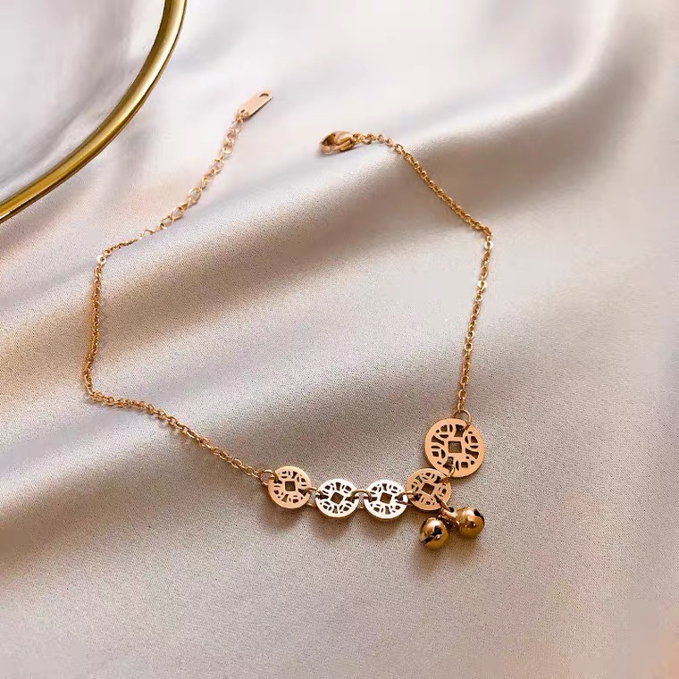 钛钢脚链女铃铛古风18k玫瑰金潮网红森系民族风饰品不掉色