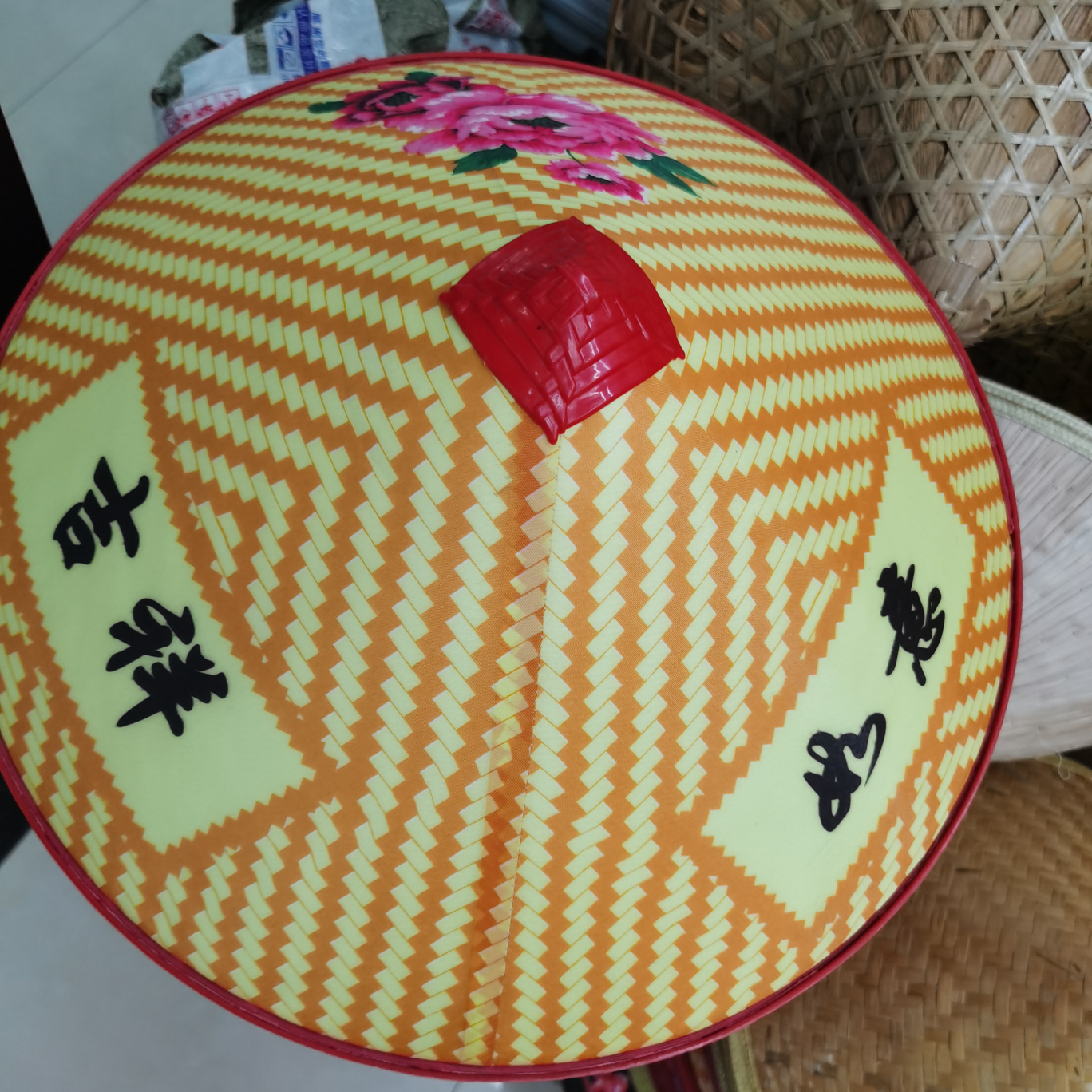 吉祥如意带花朵 塑料斗笠雨伞布帽