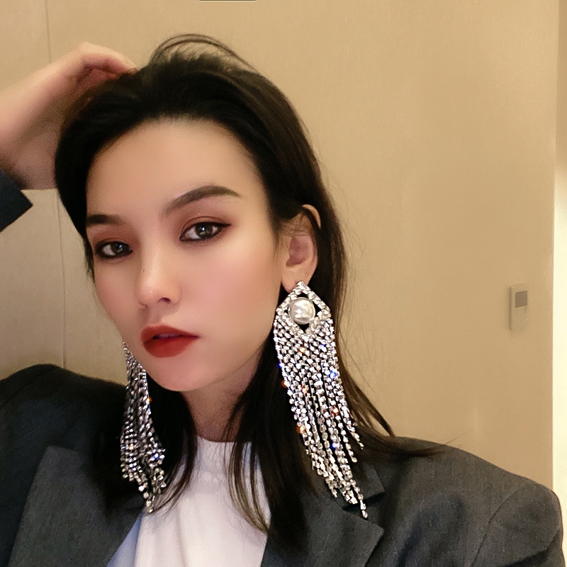欧美超夸张~闪钻流苏耳环新款潮耳坠气质高级大气长款耳饰