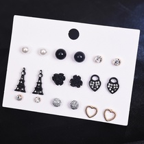 Korean fashion stud earrings set 9 pairs of mixed small accessories Zircon card stud earrings mixed color matching earrings