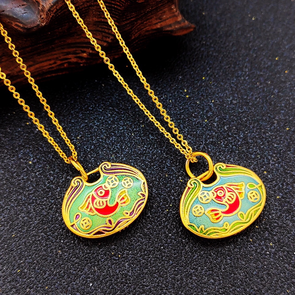 Ancient baked blue double fish pendant, 24k gold plating, lasting color