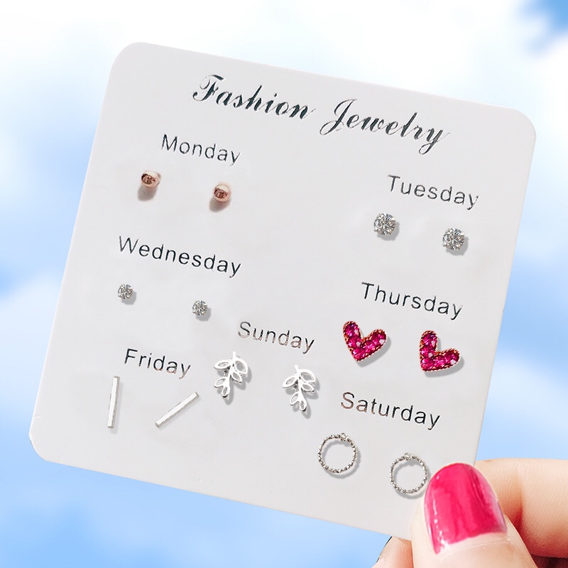 Korean fresh temperament earrings One week stud earrings combination girl student personality earrings one week stud sleeve ornaments