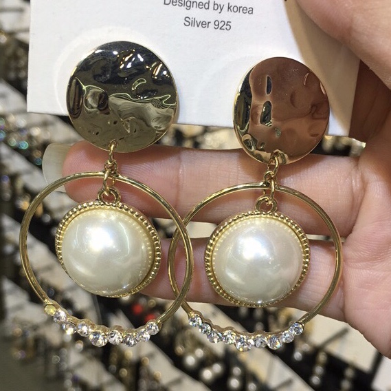 Network explosion recommended 925 silver needle, gold plated pearl hoop earrings female
