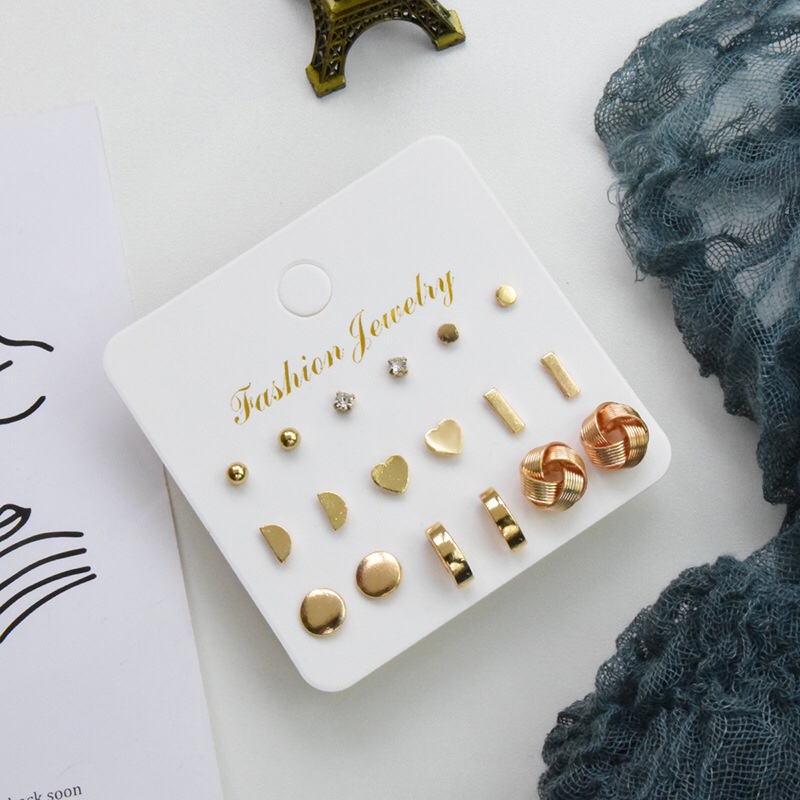 Korean simple alloy heart card stud earrings 9 pairs of metal geometric earrings set earrings
