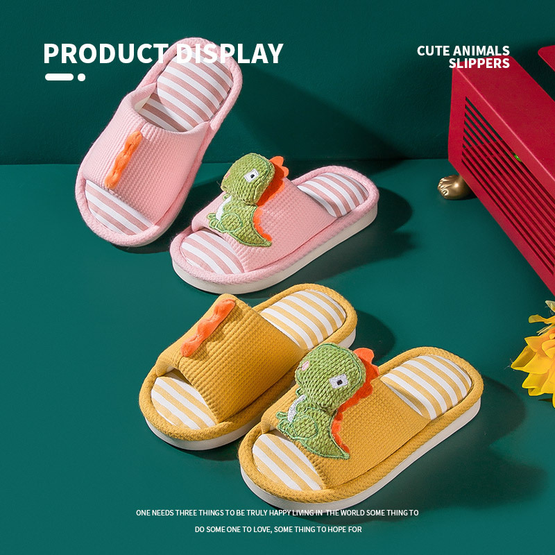 Little Deer Mili Children's Slippers Spring and Autumn style Dinosaur Linen slippers Home anti-slip soft-soled indoor slippers details Picture
