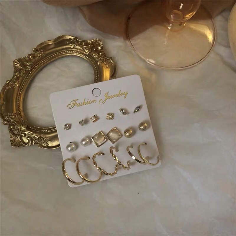 Korean French vintage pearl rhinestone geometric earrings set stud earrings