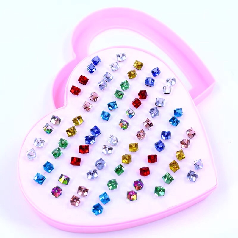 36 pairs of steel needle 6mm shiny water Cube colorful crystal stud earrings