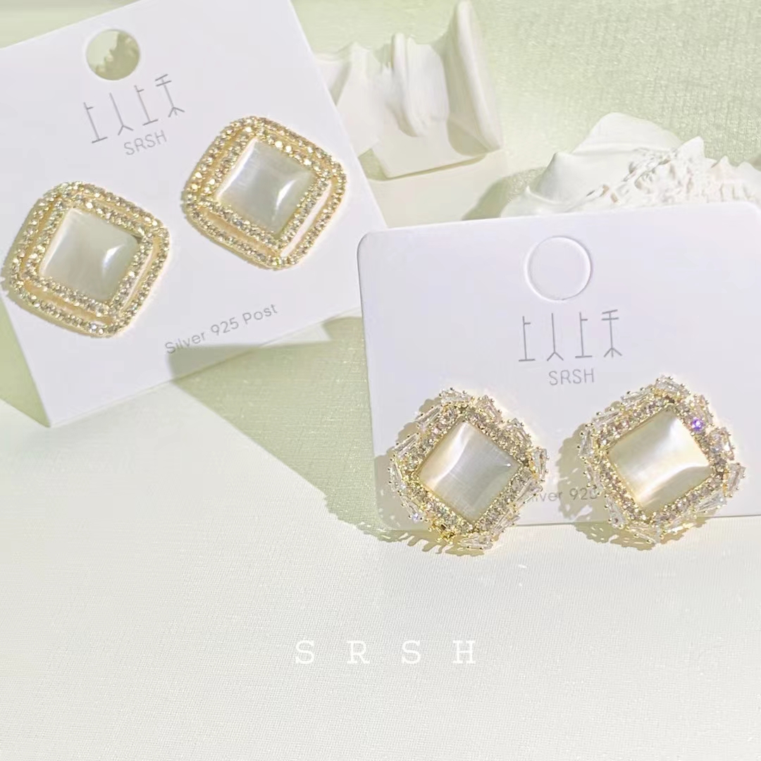 法式猫眼石耳钉高级感气质耳环925银针简约大气耳饰2021新款