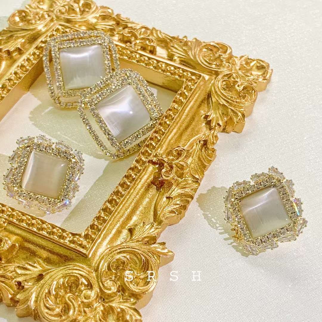 法式猫眼石耳钉高级感气质耳环925银针简约大气耳饰2021新款白底实物图