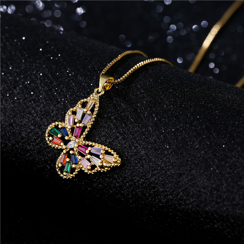Cross-border new product copper micro-inlaid colored zirconium butterfly pendant necklace detail image 8