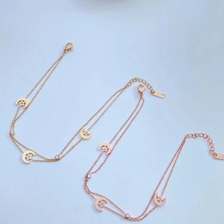 钛钢不掉色时尚百搭冷淡风玫瑰色双层星月脚链韩国气质网红ins女欧美2021新款欧美嘻哈潮人