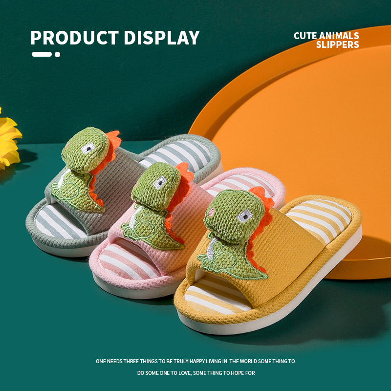 Little Deer Mili Children's Slippers Spring and Autumn style Dinosaur Linen slippers Home anti-slip soft-soled indoor slippers