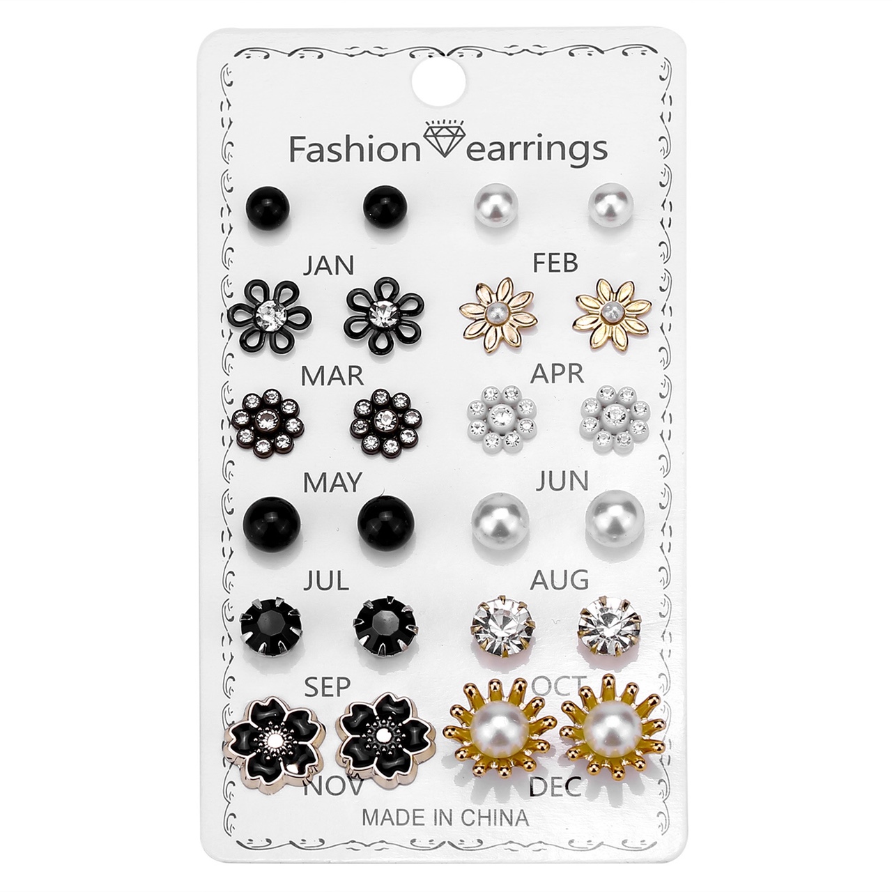 Cross border 12 pairs of round rhinestones crystal flowers December combination card stud earrings set