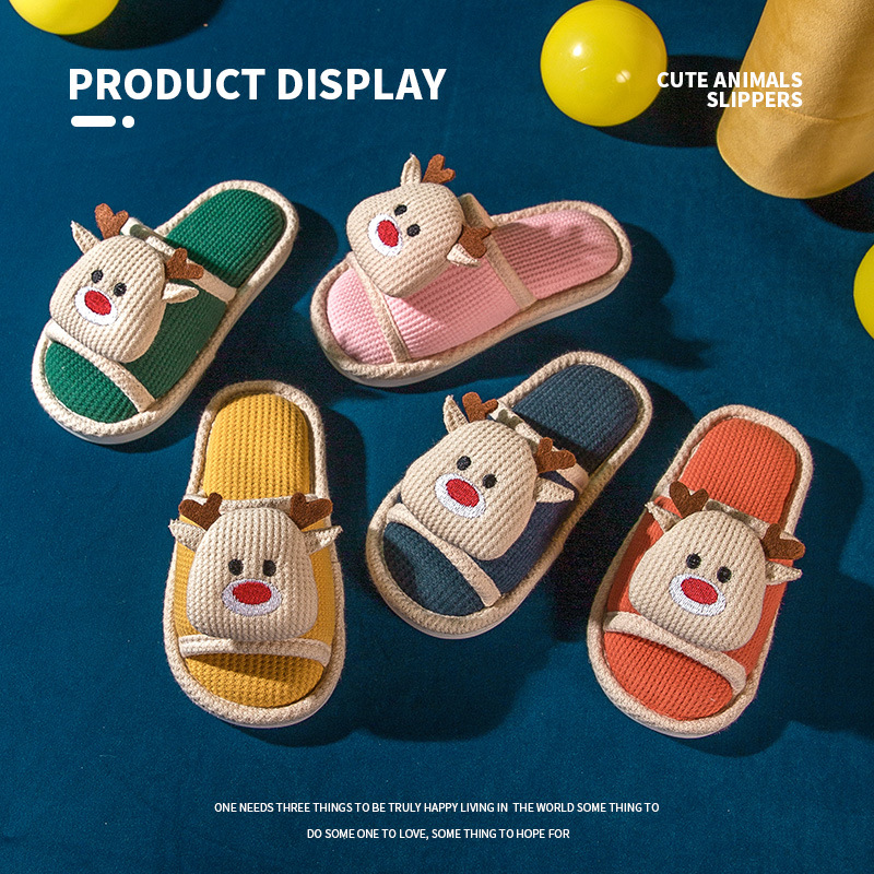 Little Deer Mili children's linen slippers for indoor home use, cute cartoon soft-soled linen slippers for boys and girls