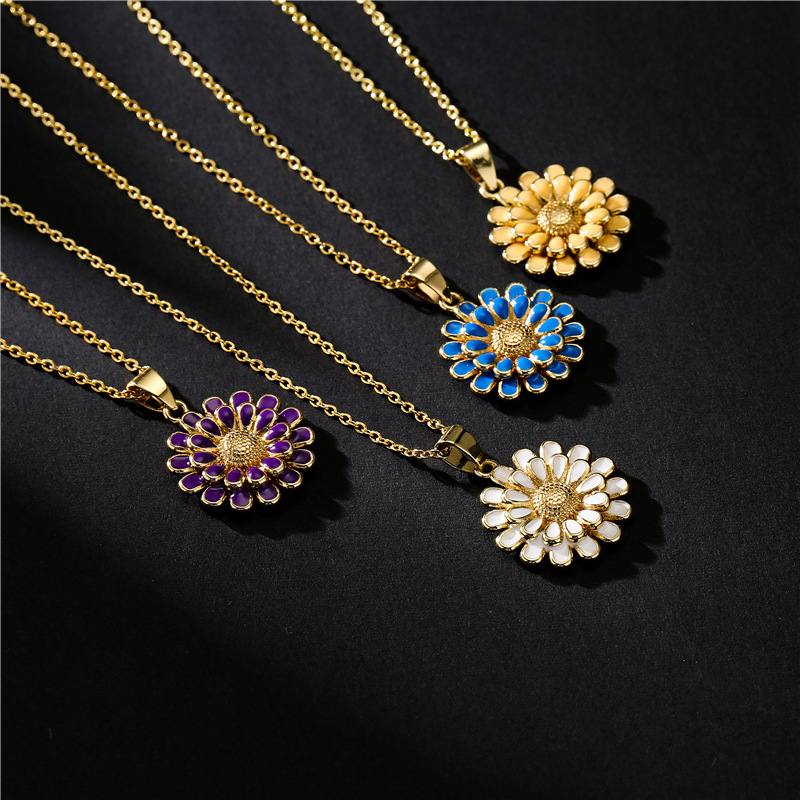 Cross-border supply 10-color oil-dripping sunflower pendant, copper-plated 18K gold necklace, popular European and American accessories detail image 5