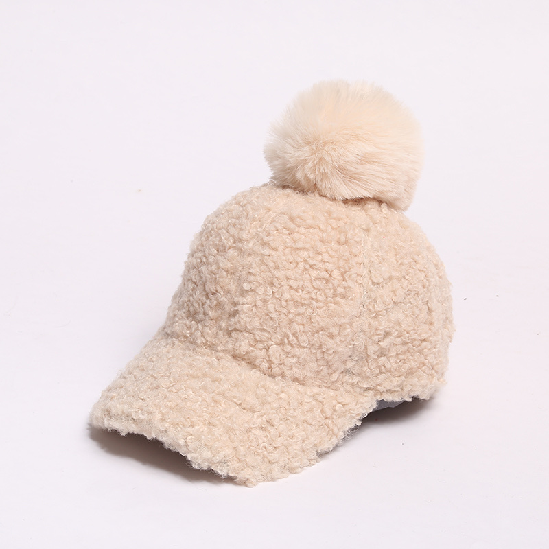 South Korea Instagram Lamb Velvet Cap Children Big Face Wide Eaves Winter Korean Version Of Fashion All Thick Ball Ball Cap details Picture
