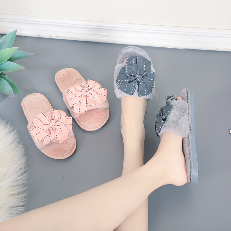Korean Version Hair Slippers With Bow Female Autumn Winter Home Indoor And Outdoor Plush Flip-Flops Wooden Floor Moon Cotton Slippers details Picture