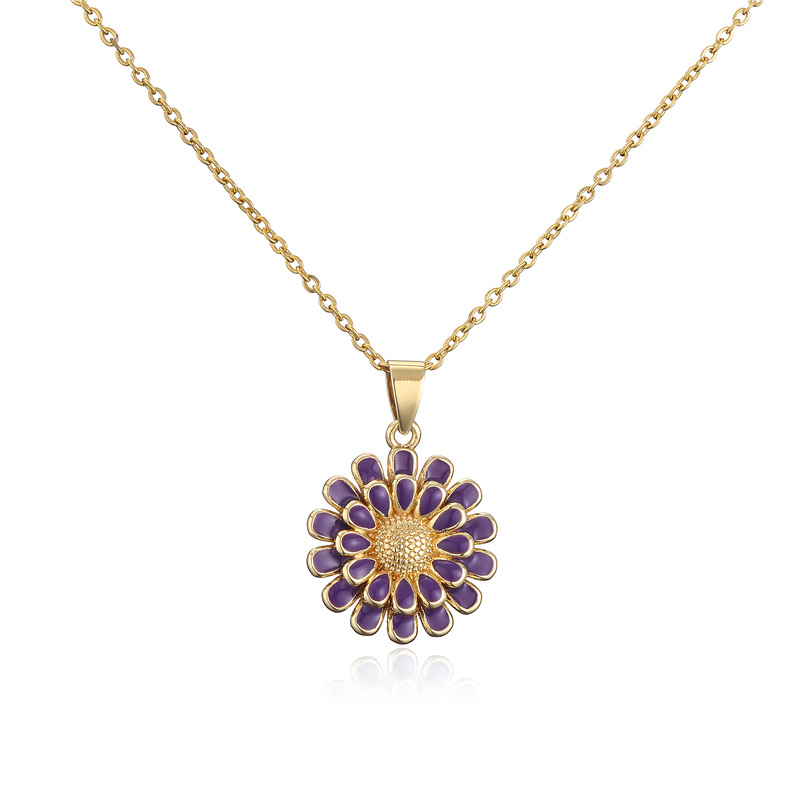 Cross-border supply 10-color oil-dripping sunflower pendant, copper-plated 18K gold necklace, popular European and American accessories detail image 6