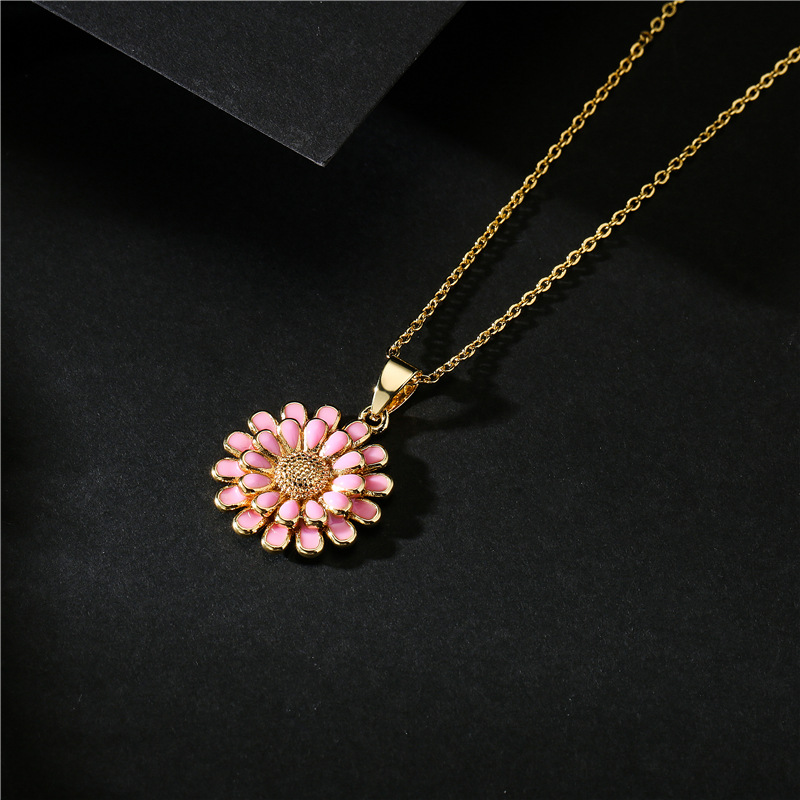 Cross-border supply 10-color oil-dripping sunflower pendant, copper-plated 18K gold necklace, popular European and American accessories detail image 2