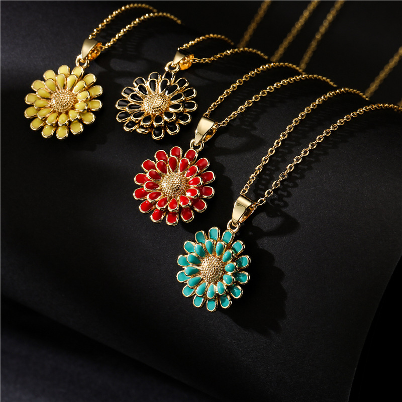 Cross-border supply 10-color oil-dripping sunflower pendant, copper-plated 18K gold necklace, popular European and American accessories detail image 1