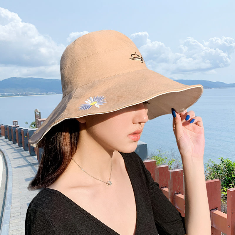 韩版双面小雏菊渔夫帽女夏天日系遮脸潮百搭遮阳大沿太阳防晒帽子详情图2