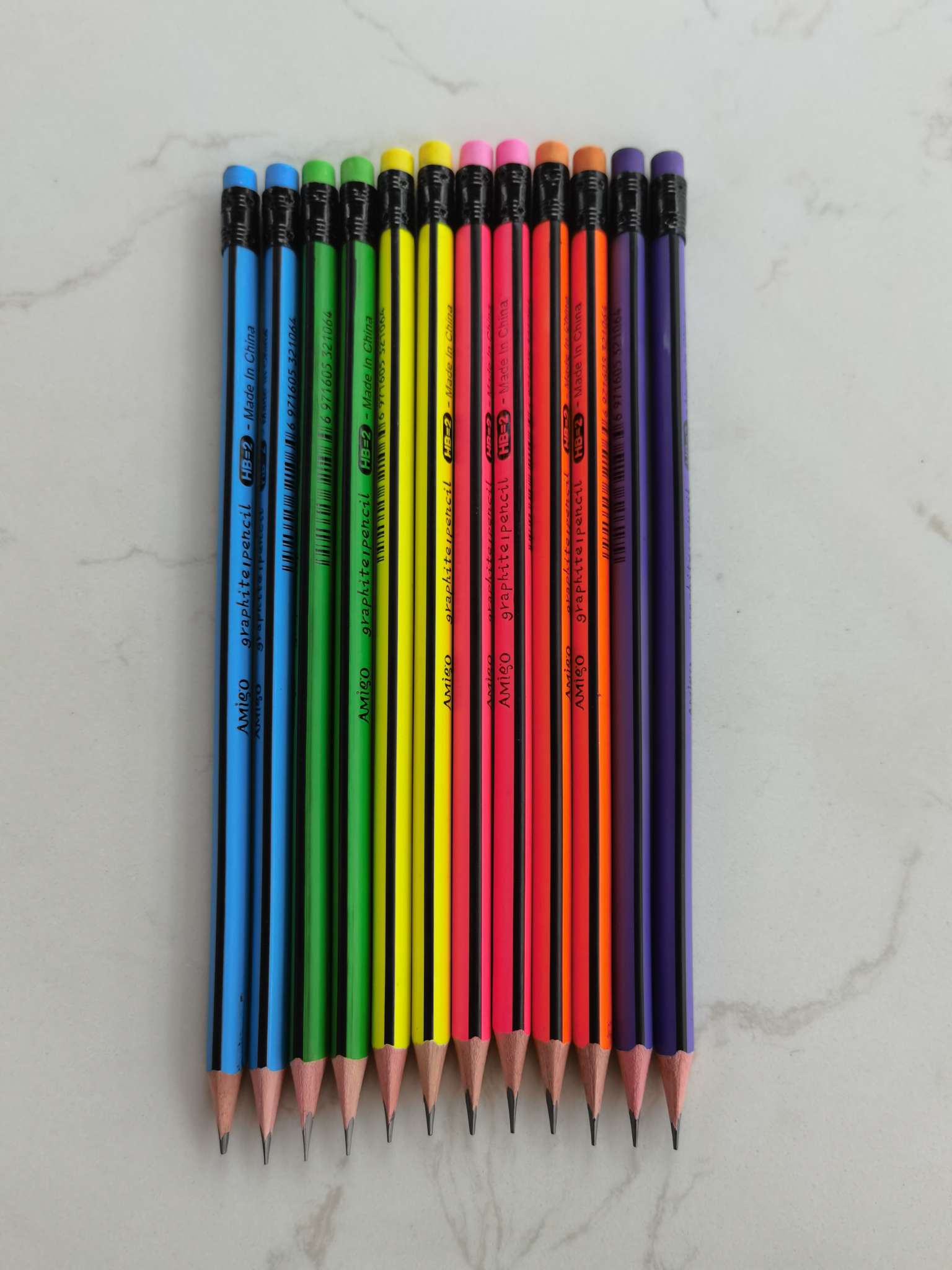 Amigo六色荧光抽条红木铅笔HB学生用铅笔细节图