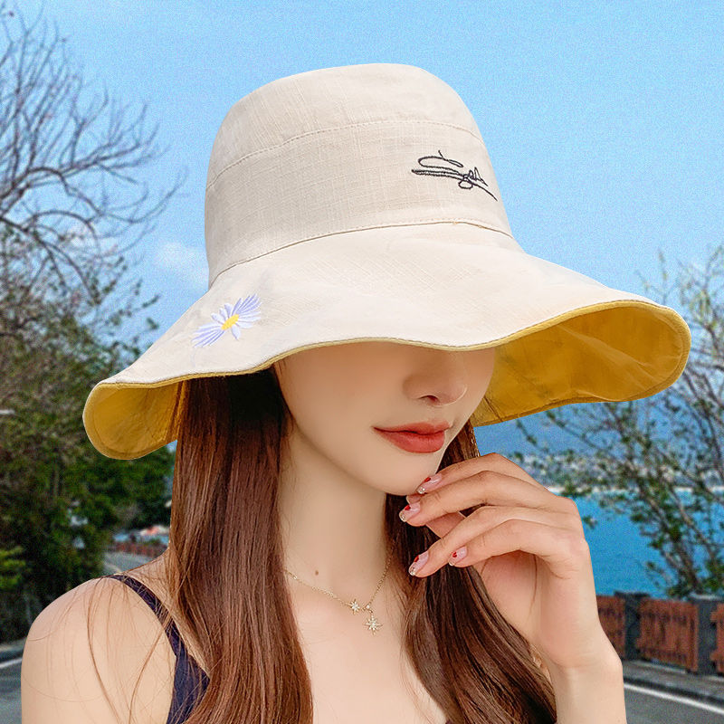 韩版双面小雏菊渔夫帽女夏天日系遮脸潮百搭遮阳大沿太阳防晒帽子细节图