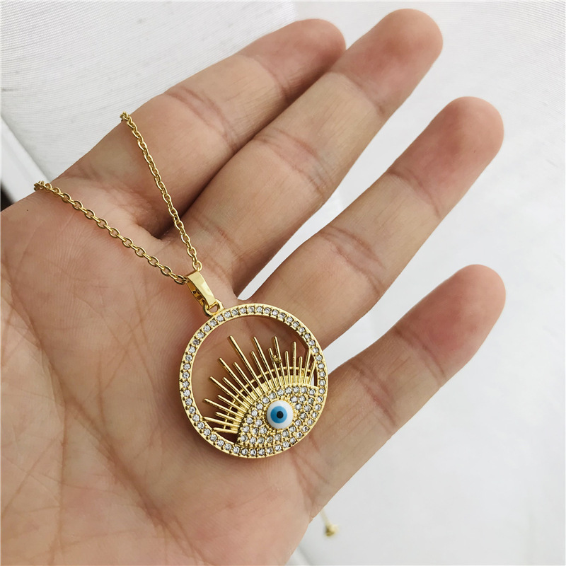 WISH Amazon hot-selling copper micro-inlaid zircon disc Devil's Eye pendant necklace for women, real gold electroplated color retention detail image 5