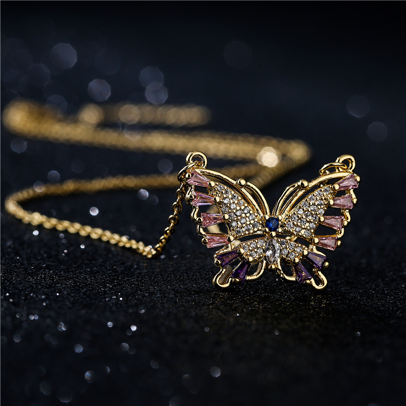 Cross-border new product copper micro-inlaid colored zirconium butterfly pendant necklace detail image 5