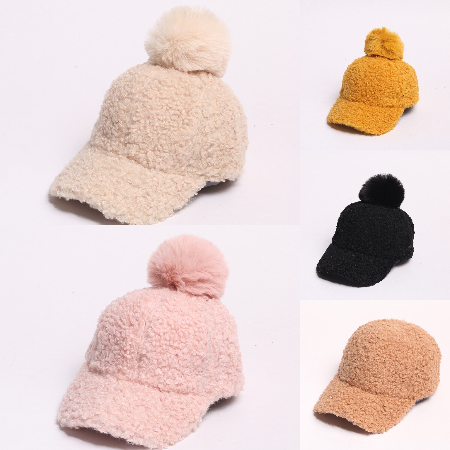 South Korea Instagram Lamb Velvet Cap Children Big Face Wide Eaves Winter Korean Version Of Fashion All Thick Ball Ball Cap full figure