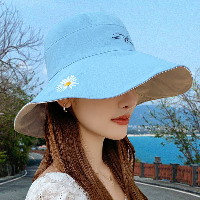 韩版双面小雏菊渔夫帽女夏天日系遮脸潮百搭遮阳大沿太阳防晒帽子白底实物图