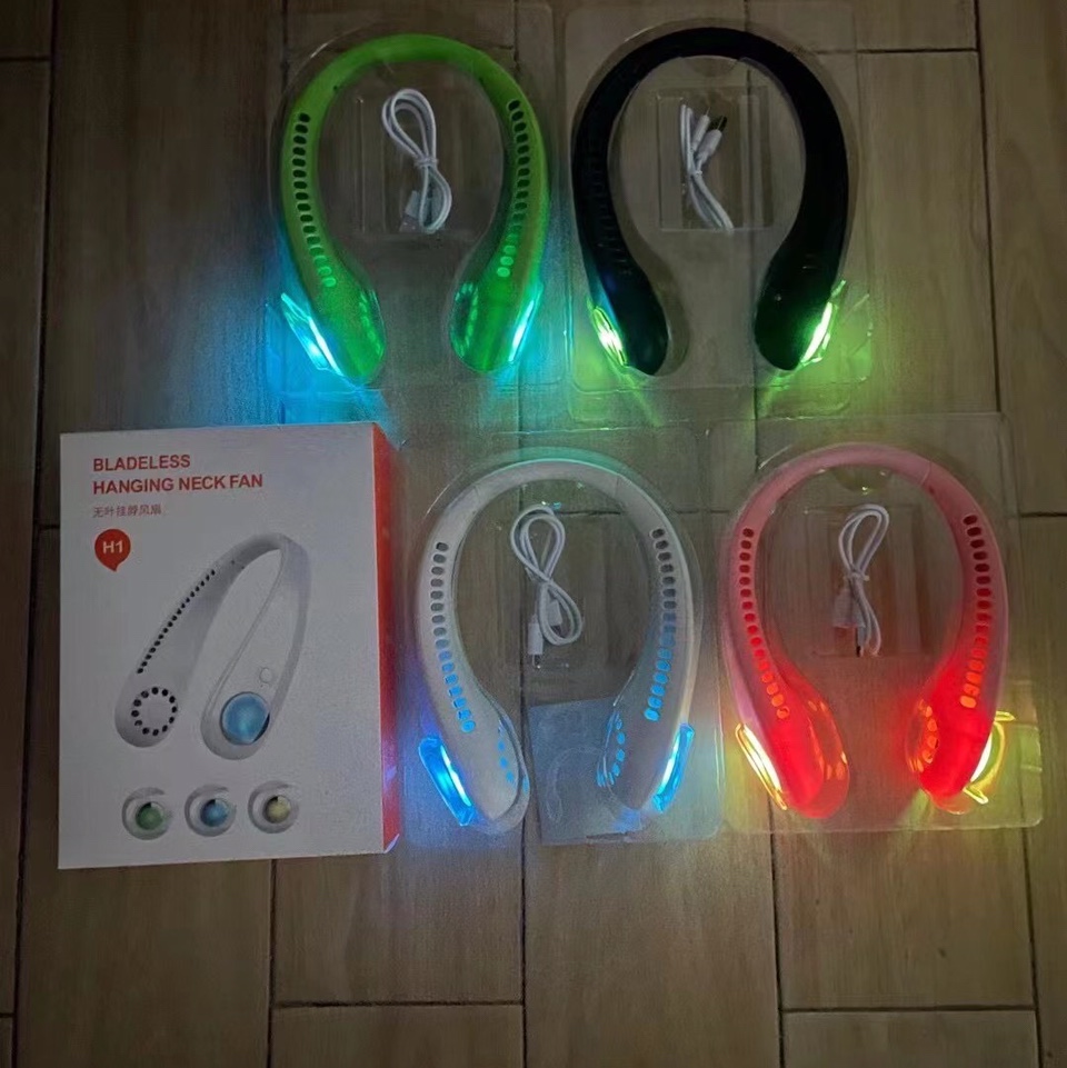 新款带灯+无叶挂脖风扇
私模：新款型号：H1
裸机重量：230克、
含包装配件质量：345克
机子尺寸：长220mm高2