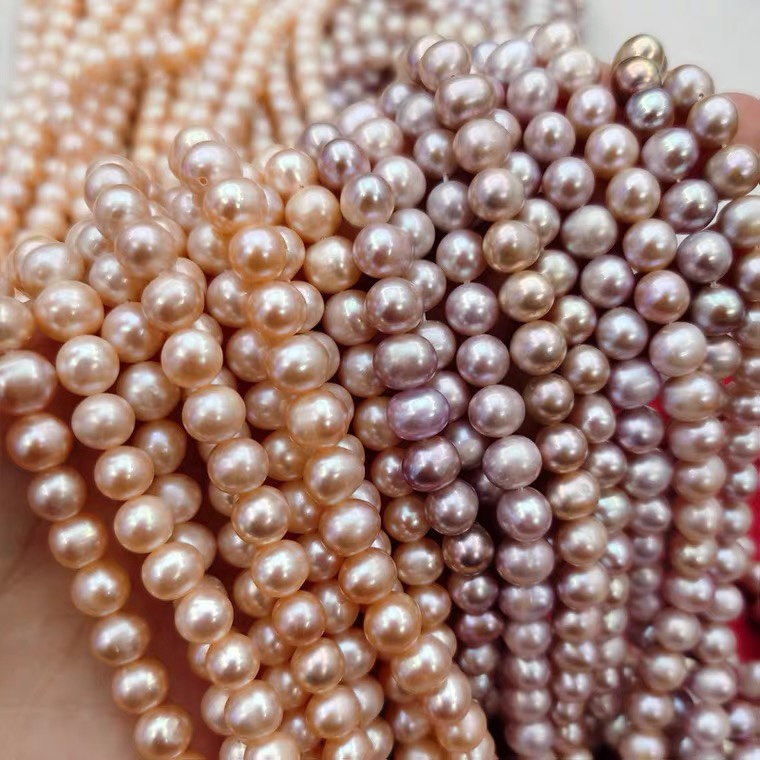 7-8mm近圆紫色粉色半成品 珍珠项链散珠裸珠天然淡水条珠diy