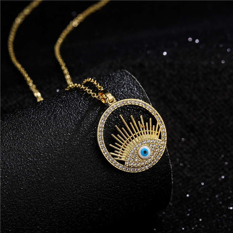 WISH Amazon hot-selling copper micro-inlaid zircon disc Devil's Eye pendant necklace for women, real gold electroplated color retention detail image 4