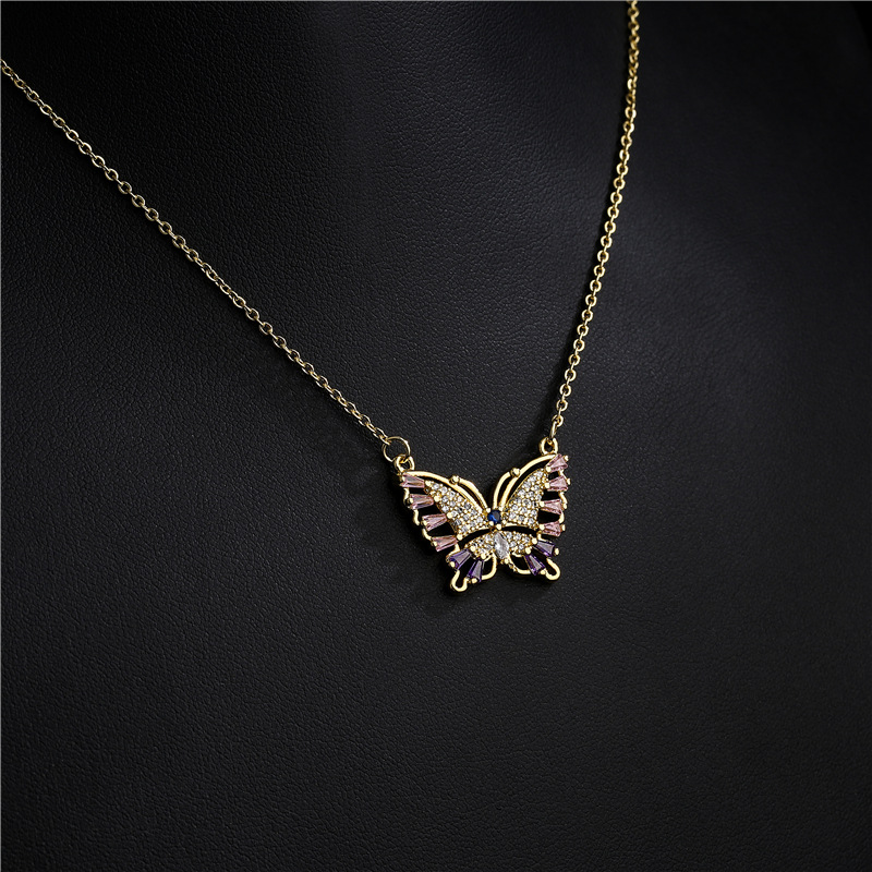 Cross-border new product copper micro-inlaid colored zirconium butterfly pendant necklace detail image 7