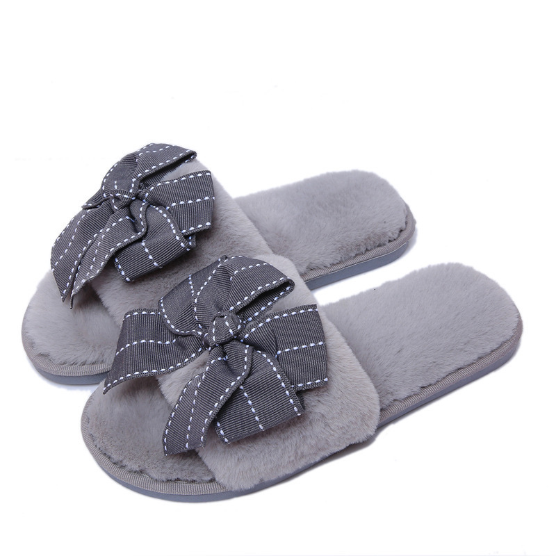 Korean Version Hair Slippers With Bow Female Autumn Winter Home Indoor And Outdoor Plush Flip-Flops Wooden Floor Moon Cotton Slippers Application Scenario