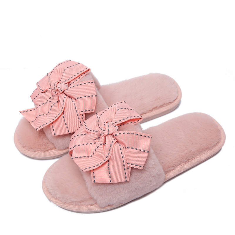 Korean Version Hair Slippers With Bow Female Autumn Winter Home Indoor And Outdoor Plush Flip-Flops Wooden Floor Moon Cotton Slippers Specification drawing