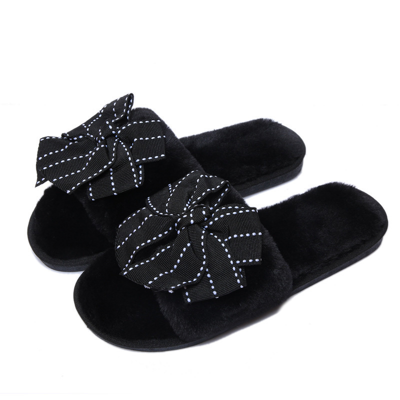 Korean Version Hair Slippers With Bow Female Autumn Winter Home Indoor And Outdoor Plush Flip-Flops Wooden Floor Moon Cotton Slippers Item Picture