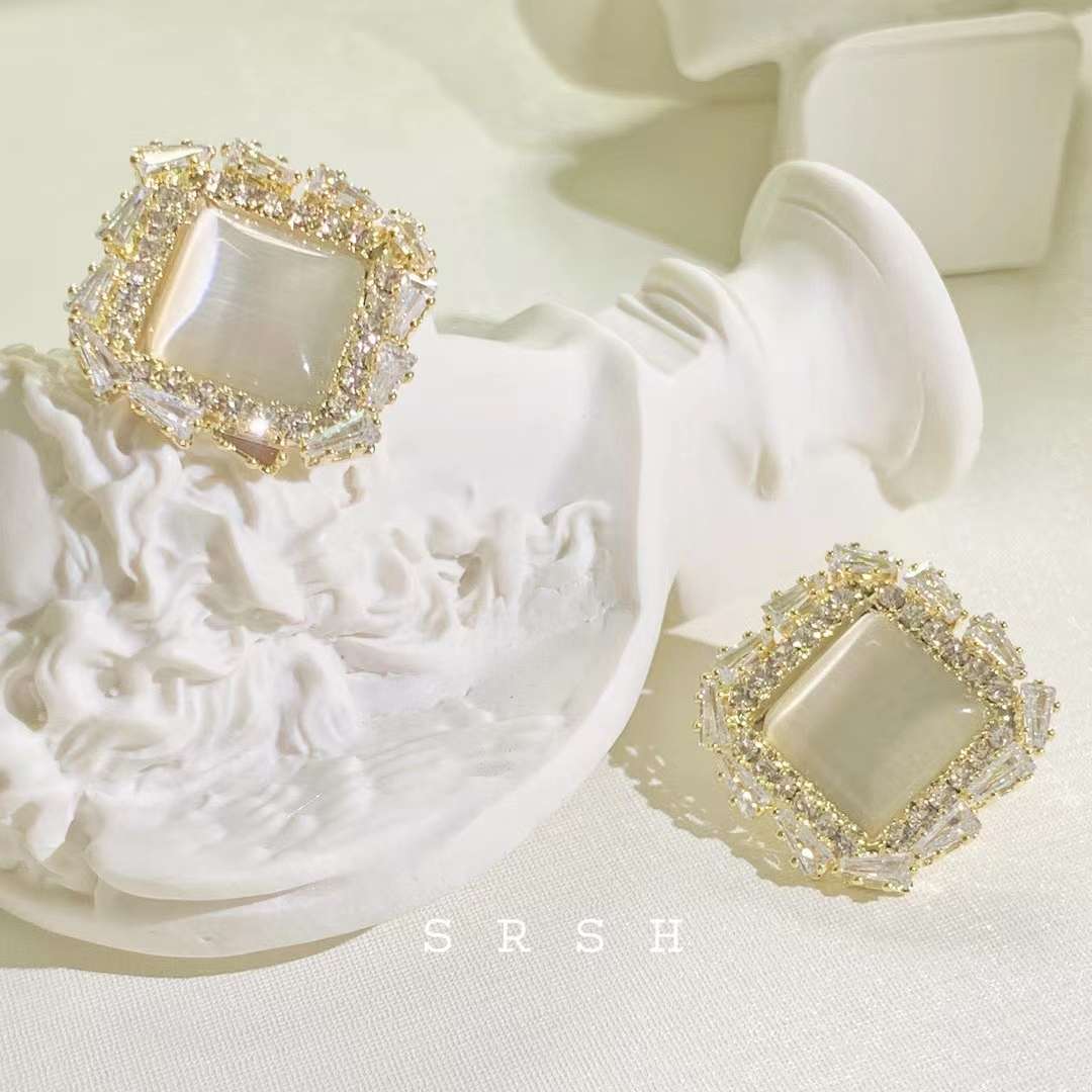 法式猫眼石耳钉高级感气质耳环925银针简约大气耳饰2021新款细节图