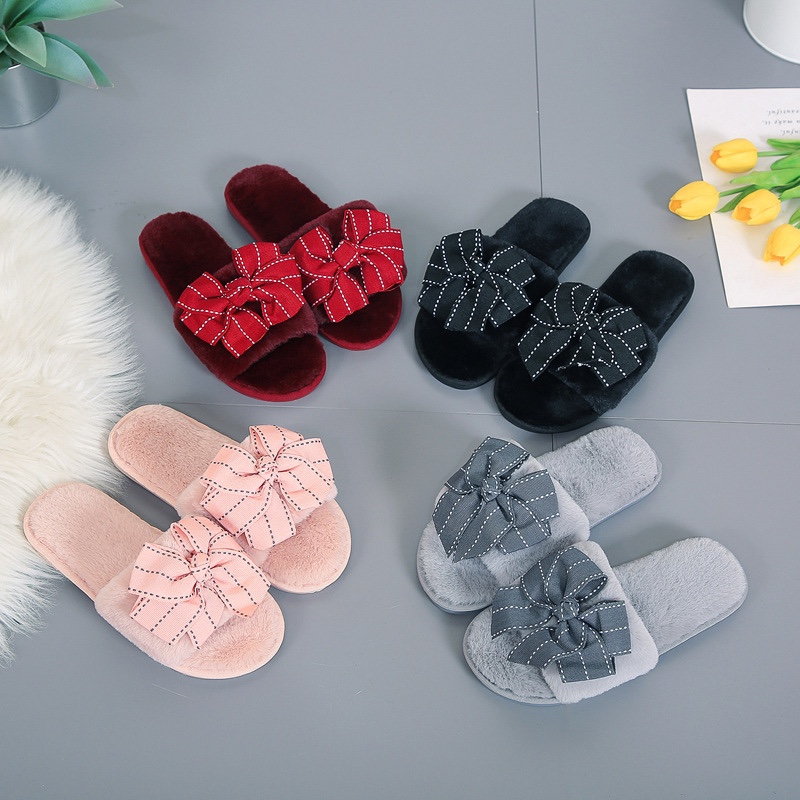 Korean Version Hair Slippers With Bow Female Autumn Winter Home Indoor And Outdoor Plush Flip-Flops Wooden Floor Moon Cotton Slippers