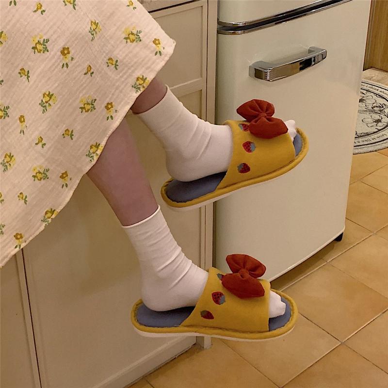 2021 Women's Summer fashion fabric slippers for indoor home use, cute and girlish bow linen floor slippers details Picture