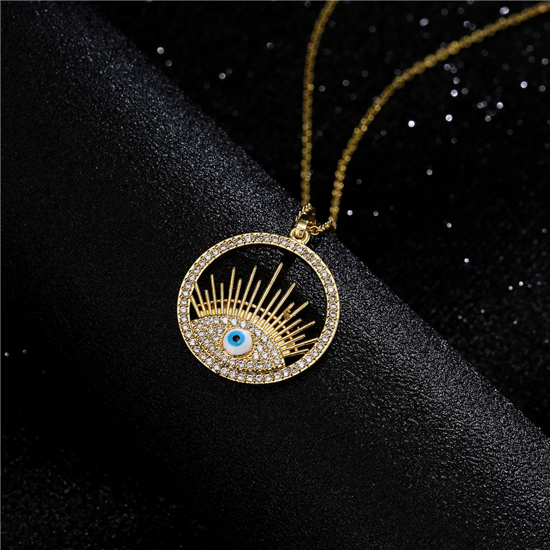 WISH Amazon hot-selling copper micro-inlaid zircon disc Devil's Eye pendant necklace for women, real gold electroplated color retention detail image 6