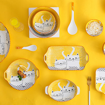 方圆陶瓷卡通猫咪碗盘碟子卡通可爱碗碟盘餐具手绘家用釉下彩碗碟套装FTY658455