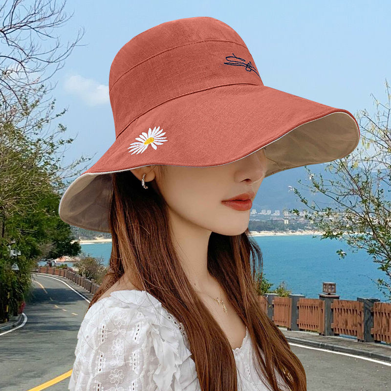 韩版双面小雏菊渔夫帽女夏天日系遮脸潮百搭遮阳大沿太阳防晒帽子产品图