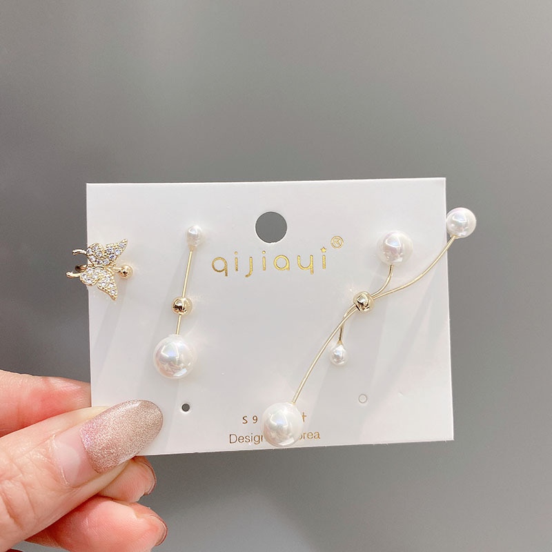 925银针 欧美超仙耳针个性珍珠时尚蝴蝶镶钻耳骨夹耳环长款耳饰 